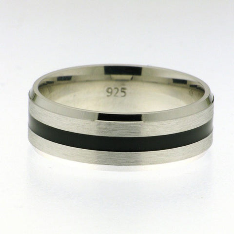 Mens sterling silver black enamel center ring